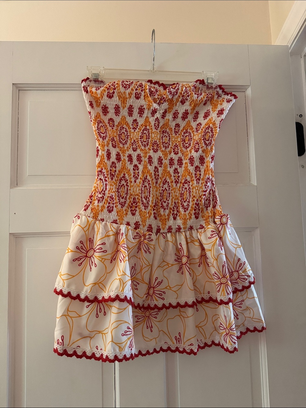 Smocked Strapless Mini Dress in White, Red & Yellow